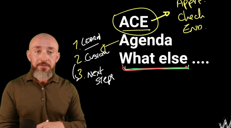 Shane McGrath walking a group through the ACE agenda structure on a session whiteboard