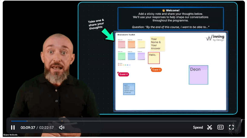 Shane McGrath running a virtual session with a brainstorm toolkit board on screen